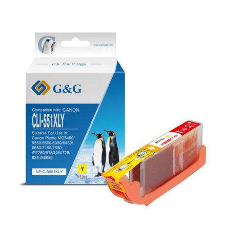 G&G kompatibilní ink s CLI551Y XL, yellow, 10,2ml, ml NP-C-0551XLY, high capacity, Canon PIXMA iP7250, MG5450, MG6350, MG7550
