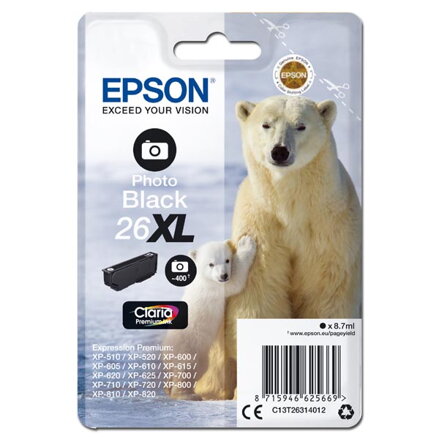Epson originální ink C13T26314012, T263140, 26XL, photo black, 8,7ml, Epson Expression Premium XP-800, XP-700, XP-600