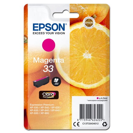 Epson originální ink C13T33434012, T33, magenta, 4,5ml, Epson Expression Home a Premium XP-530,630,635,830