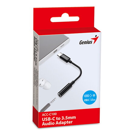 USB/Audio převodník, USB C samec - Jack (3.5mm) samice, stereo, černá, Genius ACC-C100