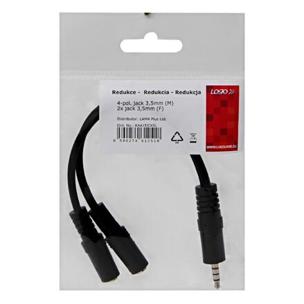 Audio Redukce, Jack, Jack (3,5 mm) M (4-pólový)-Jack (3,5mm) 2x F, 0.2, stereo, černá, Logo
