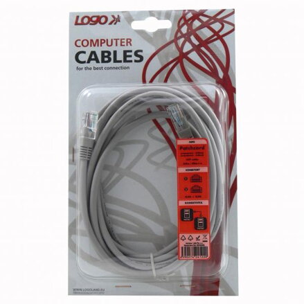 UTP patchcord, Cat.5e, RJ45 M-3m, nestíněný, křížený, šedý, k propojení 2 PC, Logo, blistr