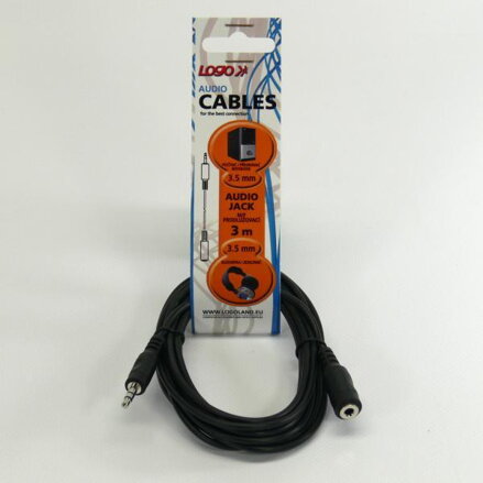 Kabel Jack (3,5mm) M- Jack (3,5mm) F, 3m, černá, Logo