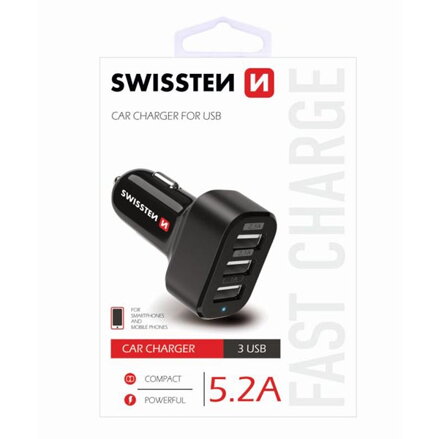 SWISSTEN, USB auto nabíječka, 3x USB port, 12V, 5V, 5200mA, nabíjení mobilních telefonů a GPS, černá