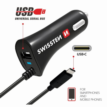 SWISSTEN, USB C- auto nabíječka, 1x konektor (USB C)+ USB port 12V, 5V, 2400mA, nabíjení mobilních telefonů a GPS, černá