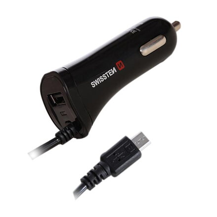 SWISSTEN, micro USB auto nabíječka, 1x konektor + USB port 12V, 5V, 2400mA, nabíjení mobilních telefonů a GPS, černá