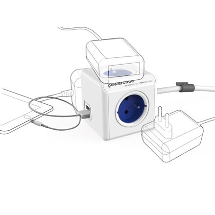 Síťový kabel 230V prodlužovací, CEE7 (vidlice)-POWERCUBE, 1.5m, EXTENDED USB, modrý, POWERCUBE, 4 zásuvky, 2xUSB port, dětská poji
