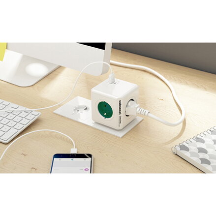 Rozbočovací zásuvka 250V, CEE7 (vidlice) - POWERCUBE, 0.1m, ORIGINAL USB, zelená, POWERCUBE, 4 zásuvky, USB A+C, Power Delivery, Q