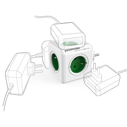 Rozbočovací zásuvka 240V, CEE7 (vidlice)-POWERCUBE, 0.1m, ORIGINAL, zelená, POWERCUBE, 5 zásuvek, dětské pojistky