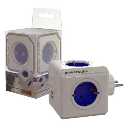 Rozbočovací zásuvka 240V, CEE7 (vidlice)-POWERCUBE, 0.1m, ORIGINAL USB, modrá, POWERCUBE, 4 zásuvky, 2xUSB porty