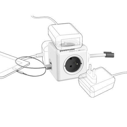 Síťový kabel 230V prodlužovací, CEE7 (vidlice)-POWERCUBE, 1.5m, EXTENDED USB, červený, POWERCUBE, 4 zásuvky, 2xUSB port,dětská poj