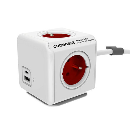 Rozbočovací zásuvka 250V, CEE7 (vidlice) - POWERCUBE, 1.5m, ORIGINAL USB, červená, POWERCUBE, 4 zásuvky, USB A+C, Power Delivery,