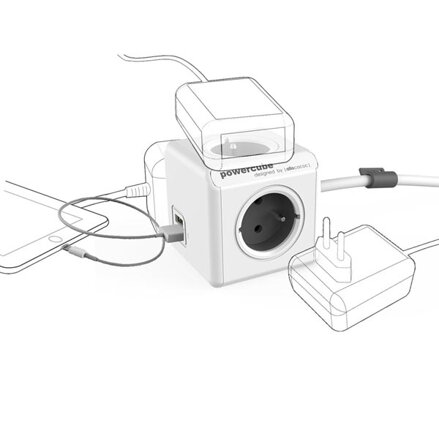Síťový kabel 230V prodlužovací, CEE7 (vidlice)-POWERCUBE, 1.5m, EXTENDED USB, šedý, POWERCUBE, 2x USB port, 4 zásuvky, dětské poji
