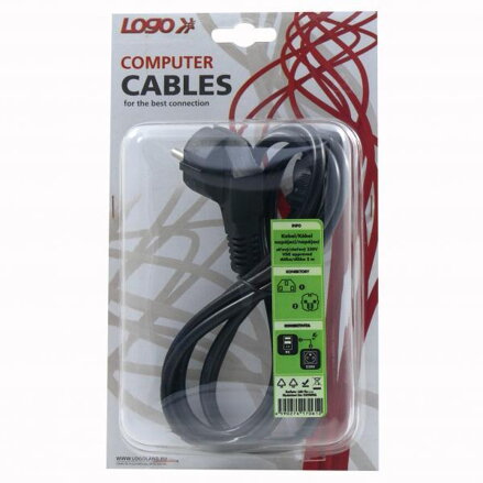 Síťový kabel 230V napájecí, CEE7 (vidlice)-C13, 2m, VDE approved, černý, Logo, blistr