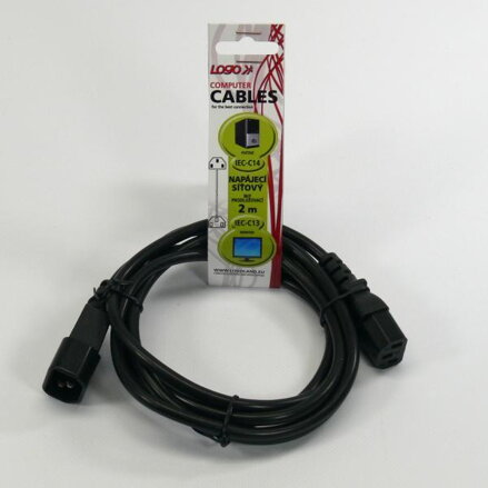 Síťový kabel 230V prodlužovací, C13-C14, 2m, VDE approved, černý, Logo