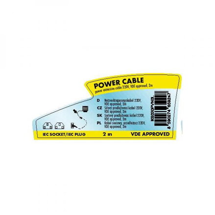 Síťový kabel 230V prodlužovací, C13-C14, 2m, VDE approved, černý, Logo