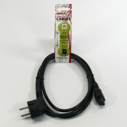 Síťový kabel 230V napájecí, CEE7 (vidlice)-C5, 2m, VDE approved, černý, Logo, koncovka ve tvaru trojlístku