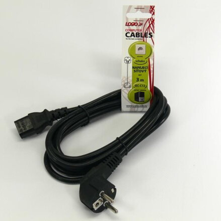Síťový kabel 230V napájecí, CEE7 (vidlice)-C13, 3m, VDE approved, černý, Logo