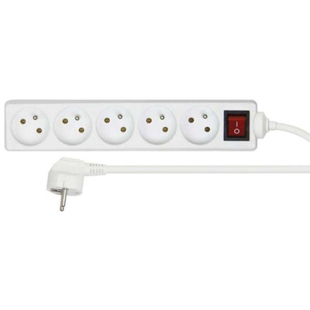Síťový kabel 230V prodlužovací, CEE7 (vidlice)-zásuvka 5x, 10m, VDE approved, bílá, s vypínačem