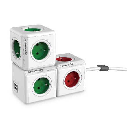 Rozbočovací zásuvka 240V, CEE7 (vidlice)-POWERCUBE, 0.1m, ORIGINAL USB, zelená, POWERCUBE, 4 zásuvky, 2xUSB porty