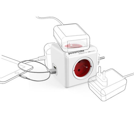 Rozbočovací zásuvka 240V, CEE7 (vidlice)-POWERCUBE, 0.1m, ORIGINAL USB, červená, POWERCUBE, 4 zásuvky, 2xUSB porty