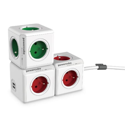 Rozbočovací zásuvka 240V, CEE7 (vidlice)-POWERCUBE, 0.1m, ORIGINAL USB, červená, POWERCUBE, 4 zásuvky, 2xUSB porty