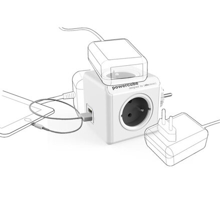 Rozbočovací zásuvka 240V, CEE7 (vidlice)-POWERCUBE, 0.1m, ORIGINAL USB, šedá, POWERCUBE, 4 zásuvky, 2xUSB porty