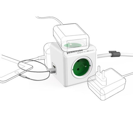 Síťový kabel 230V prodlužovací, CEE7 (vidlice)-POWERCUBE, 1.5m, EXTENDED USB, zelený, POWERCUBE, 4 zásuvky, 2xUSB port,dětská poji