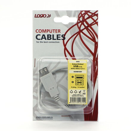 Kabel USB (2.0), USB A M- USB A F, 0.3m, černý/bílý, Logo, blistr