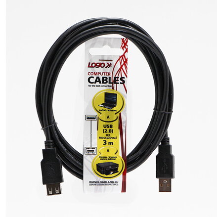 Kabel USB (2.0), USB A M- USB A F, 3m, černý, Logo