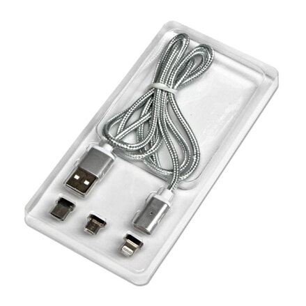 Magnetický kabel USB (2.0), USB A M- magnetické koncovky (typ C+lightning+microUSB), 1m, kulatý, opletený, stříbrný