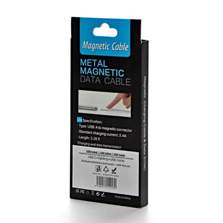 Magnetický kabel USB (2.0), USB A M- magnetické koncovky (typ C+lightning+microUSB), 1m, kulatý, opletený, stříbrný
