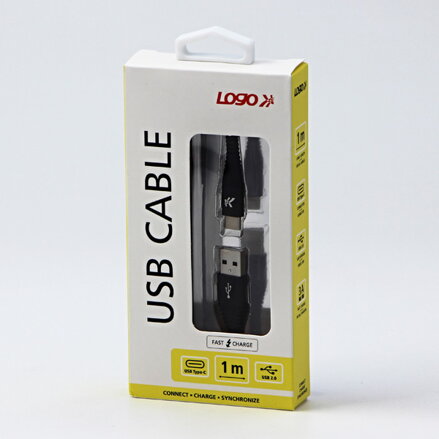 Kabel USB (2.0), USB A M- USB C M, 1m, 480 Mb/s, 5V/3A, černý, Logo, box, nylonové opletení, hliníkový kryt konektoru