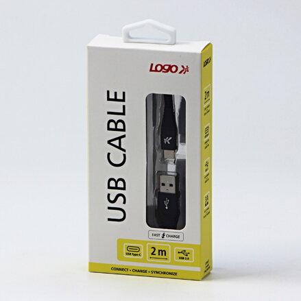 Kabel USB (2.0), USB A M- USB C M, 2m, 480 Mb/s, 5V/3A, černý, Logo, box, nylonové opletení, hliníkový kryt konektoru