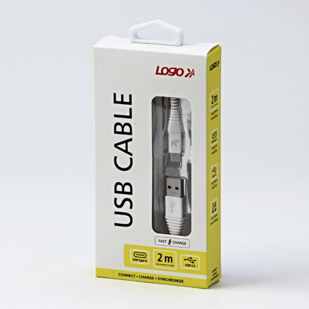Kabel USB (2.0), USB A M- USB C M, 2m, 480 Mb/s, 5V/3A, bílý, Logo, box, nylonové opletení, hliníkový kryt konektoru