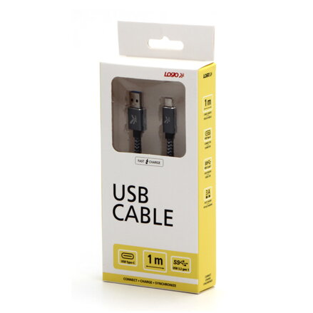 Kabel USB (3.2 gen 1), USB A M- USB C M, 1m, 5 Gb/s, 5V/3A, šedý, Logo, box, kovové opletení, hliníkový kryt konektoru