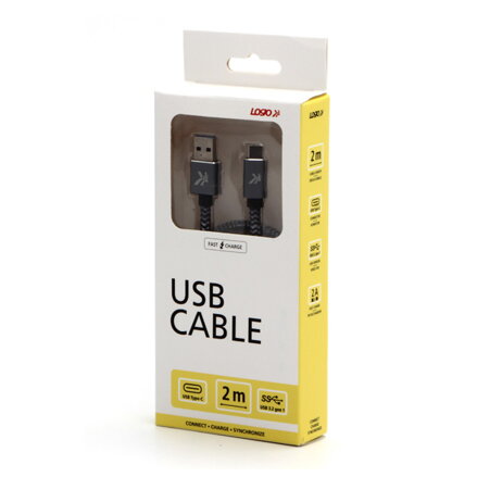 Kabel USB (3.2 gen 1), USB A M- USB C M, 2m, 5 Gb/s, 5V/2A, šedý, Logo, box, kovové opletení, hliníkový kryt konektoru