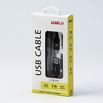 Kabel USB (3.2 gen 1), USB A M- USB C M, 1m, 5 Gb/s, 5V/3A, černý, Logo, box, nylonové opletení, hliníkový kryt konektoru