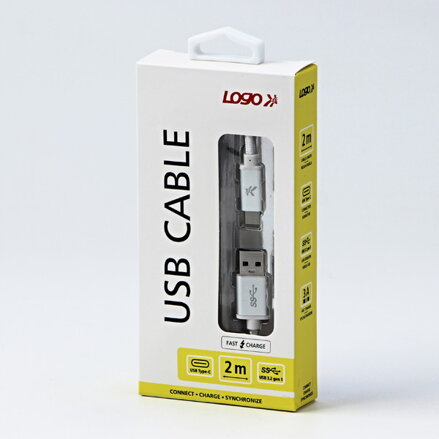 Kabel USB (3.2 gen 1), USB A M- USB C M, 2m, 5 Gb/s, 5V/3A, bílý, Logo, box, nylonové opletení, hliníkový kryt konektoru