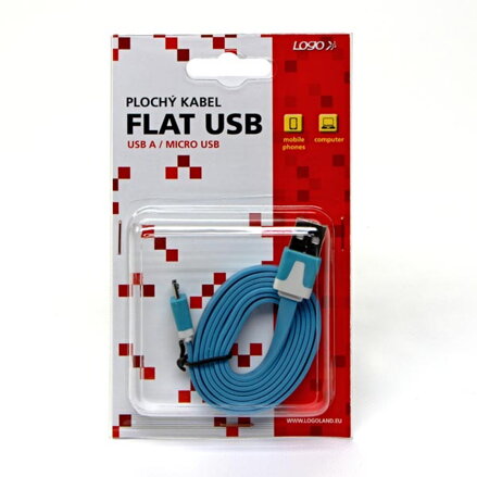 Kabel USB (2.0), USB A M- USB micro B M, 1m, plochý, modrý, Logo, blistr