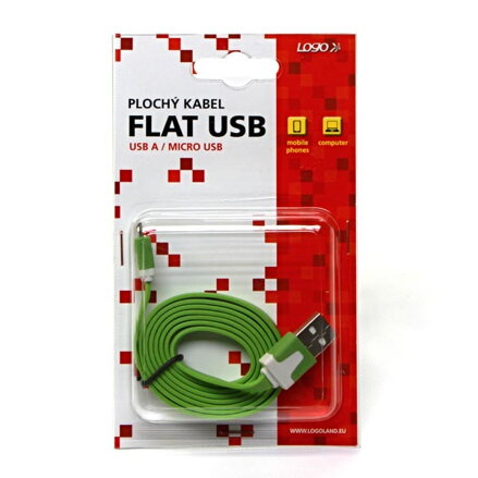 Kabel USB (2.0), USB A M- USB micro B M, 1m, plochý, zelený, Logo, blistr