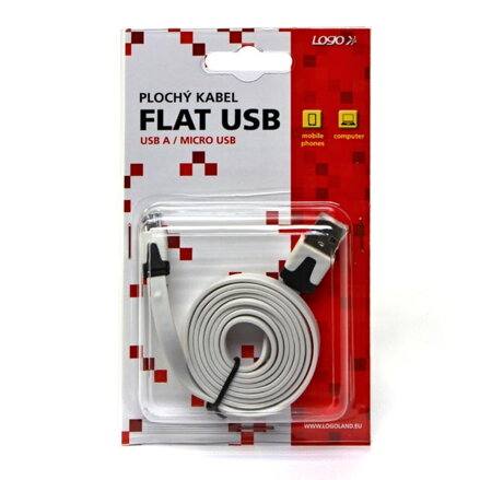 Kabel USB (2.0), USB A M- USB micro B M, 1m, plochý, bílý, Logo, blistr
