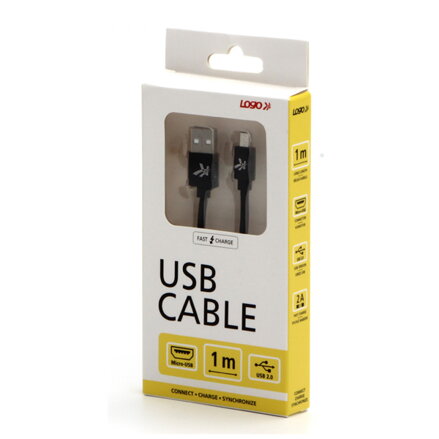 Kabel USB (2.0), USB A M- USB micro B M, 1m, 480 Mb/s, 5V/2A, černý, Logo, box, nylonové opletení, hliníkový kryt konektoru