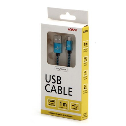 Kabel USB (2.0), USB A M- USB micro B M, 1m, 480 Mb/s, 5V/2A, modrý, Logo, box, nylonové opletení, hliníkový kryt konektoru