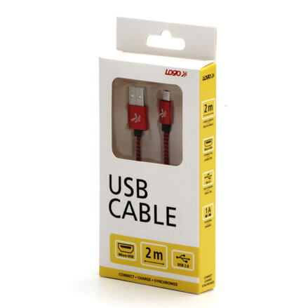 Kabel USB (2.0), USB A M- USB micro B M, 1m, 480 Mb/s, 5V/2A, červený, Logo, box, nylonové opletení, hliníkový kryt konektoru