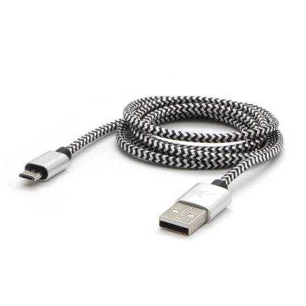 Kabel USB (2.0), USB A M- USB micro B M, 1m, 480 Mb/s, 5V/2A, stříbrný, Logo, box, nylonové opletení, hliníkový kryt konektoru