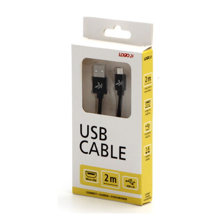 Kabel USB (2.0), USB A M- USB micro B M, 2m, 480 Mb/s, 5V/1A, černý, Logo, box, nylonové opletení, hliníkový kryt konektoru