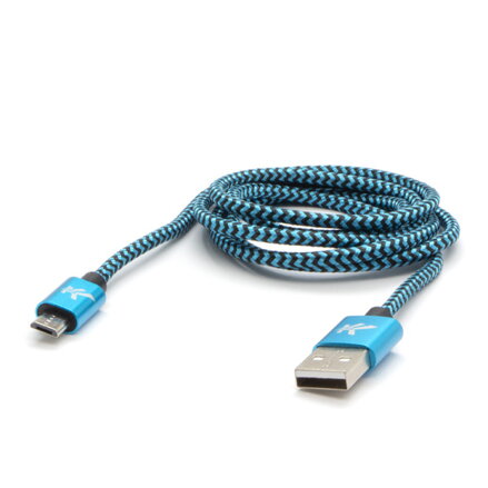 Kabel USB (2.0), USB A M- USB micro B M, 2m, 480 Mb/s, 5V/1A, modrý, Logo, box, nylonové opletení, hliníkový kryt konektoru