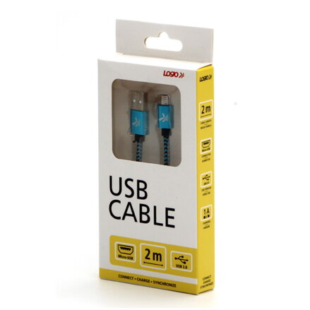 Kabel USB (2.0), USB A M- USB micro B M, 2m, 480 Mb/s, 5V/1A, modrý, Logo, box, nylonové opletení, hliníkový kryt konektoru