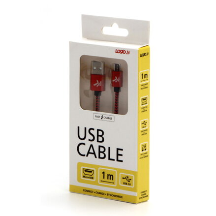 Kabel USB (2.0), USB A M- USB micro B M, 2m, 480 Mb/s, 5V/1A, červený, Logo, box, nylonové opletení, hliníkový kryt konektoru